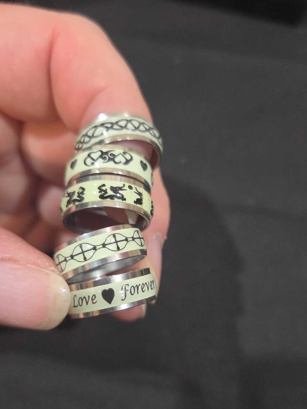 SET OF 5 RINGS - GLOW IN THE DARK - STAINLESS STEEL